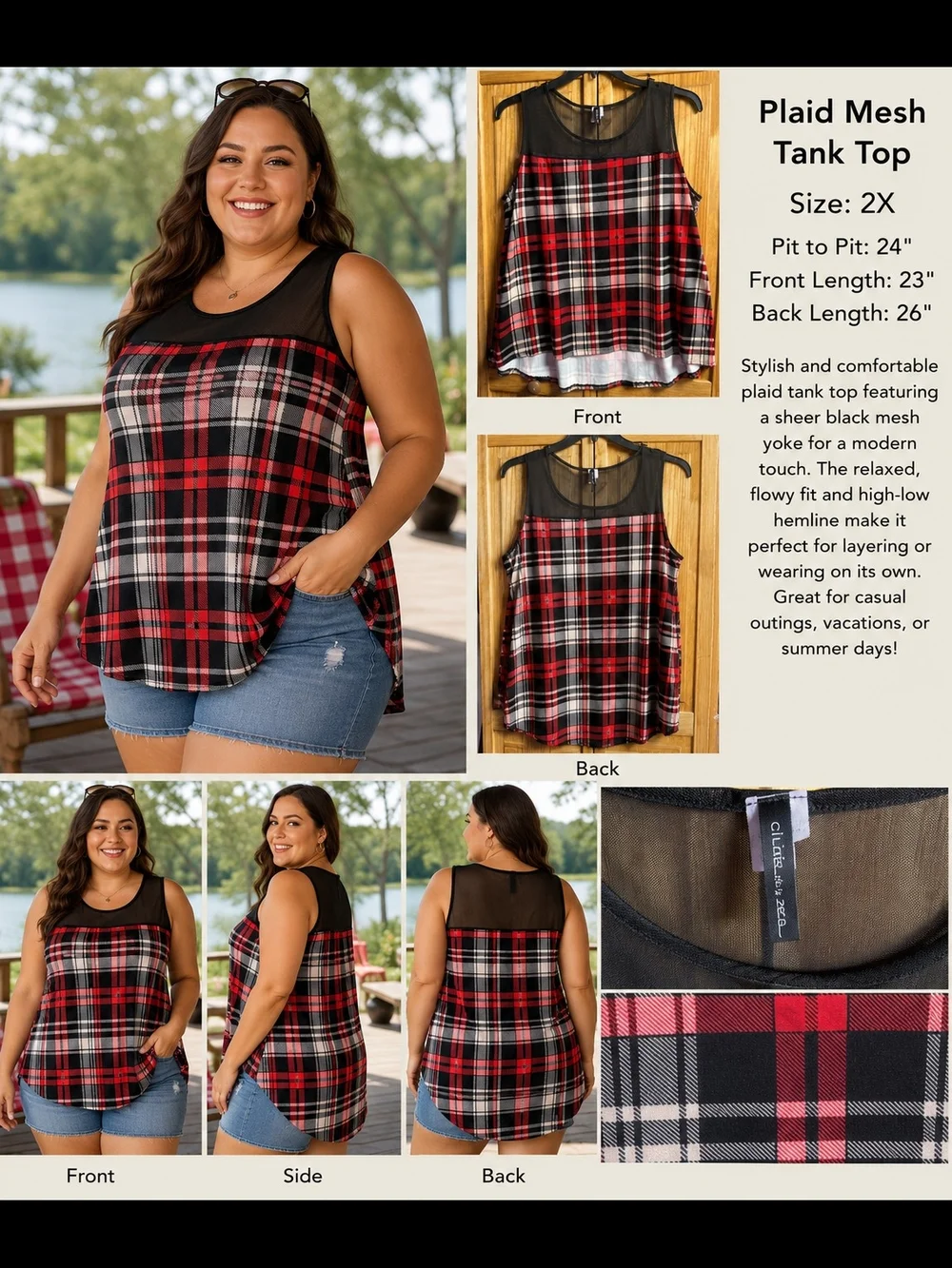 Plaid Mesh Tank Top - Black & Red Plaid, 2X